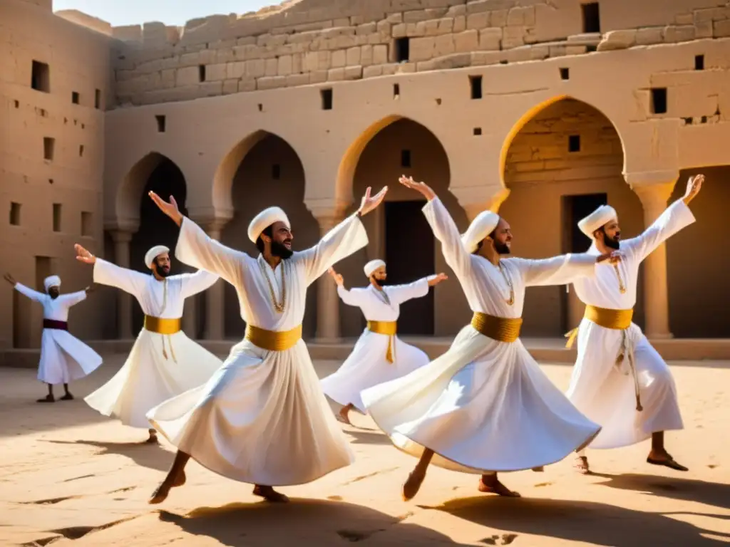 Grupo de derviches sufíes danzando en Egipto, envueltos en túnicas blancas y expresando devoción extática