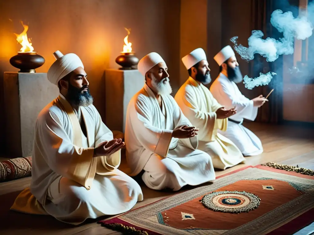 Grupo de derviches en trajes blancos, girando en trance durante una ceremonia espiritual, rodeados de luz tenue y humo de incienso