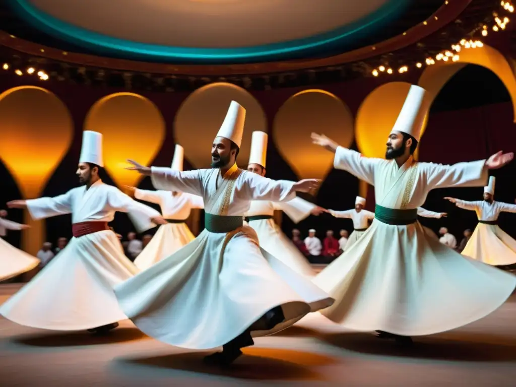 Grupo de derviches girando lentamente en un trance espiritual, expresando significado espiritual en la danza derviche de la cultura turca