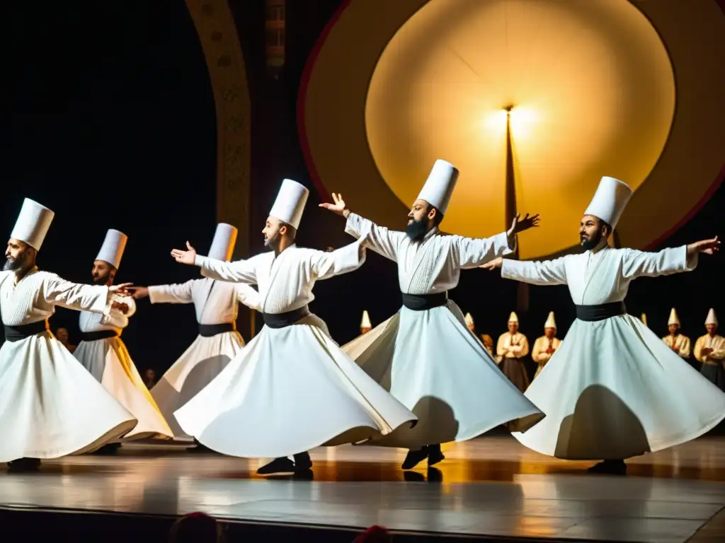 Grupo de derviches girando en trance en el Festival Sufi de Danza en Konya, creando una atmósfera espiritual y culturalmente rica