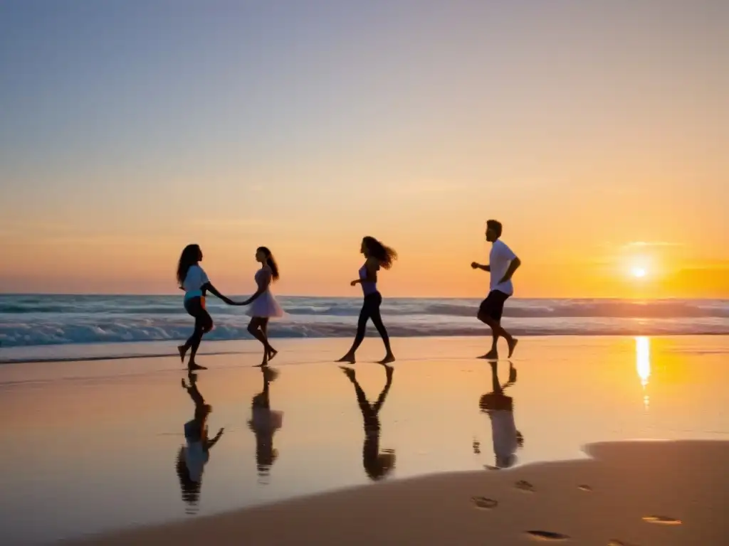 Un grupo danza descalzo en la playa al atardecer, reflejando el poder curativo de las danzas oceánicas