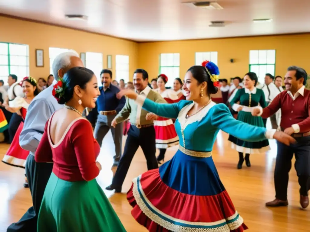 Grupo de diáspora chilena bailando la cueca con orgullo y alegría en un centro comunitario en el extranjero, preservando su identidad cultural