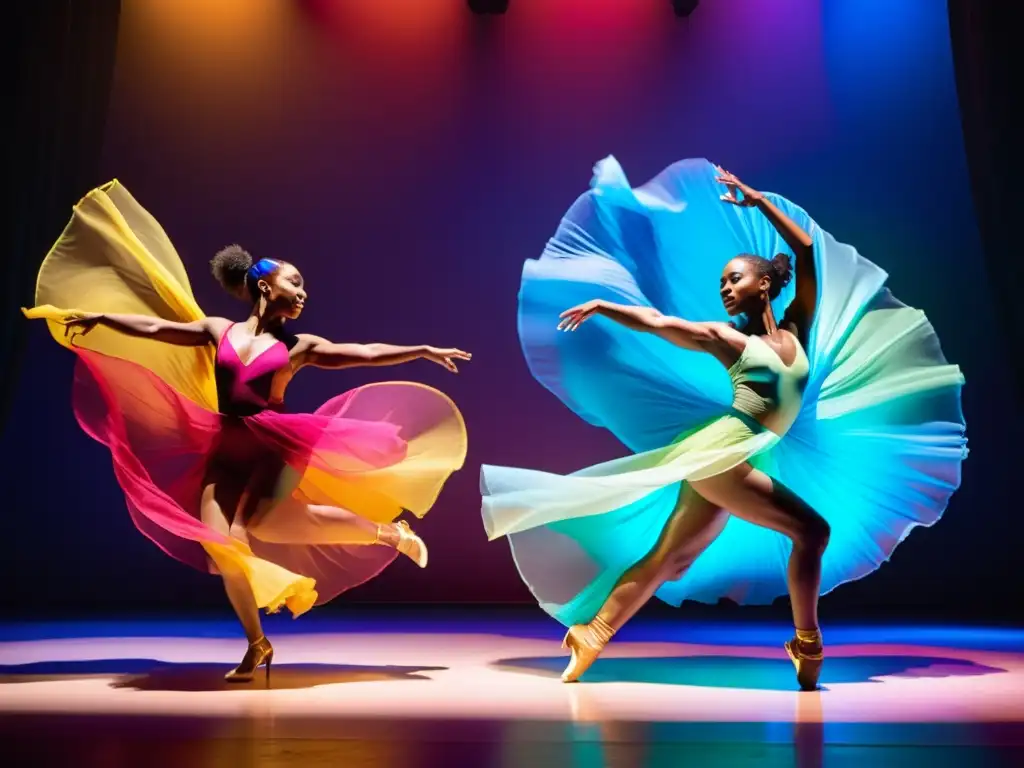 Grupo dinámico de bailarines contemporáneos en el Festival de Danza Contemporánea de Auckland, cautivando con su expresividad y energía en el escenario vibrante