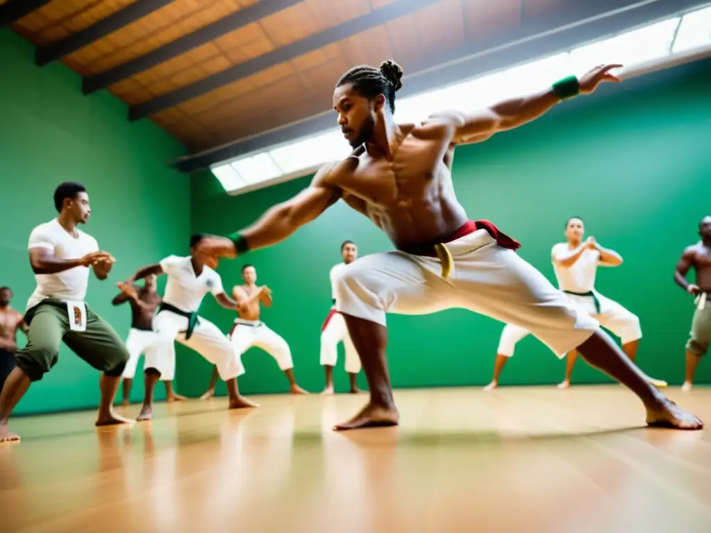 Grupo dinámico en taller de capoeira, movimientos acrobáticos y pasión afrobrasileña capturados en vibrante foto