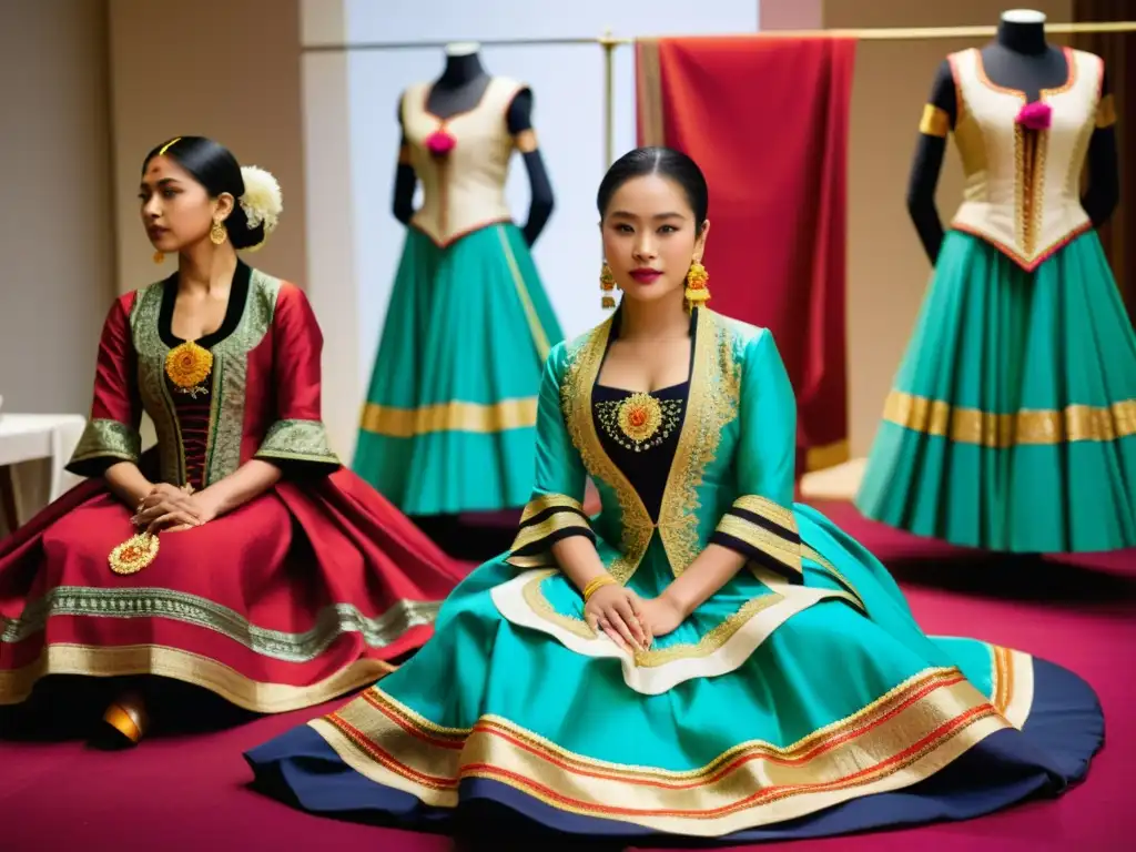 Grupo de diseñadores de vestuario de danza tradicional cose con destreza, rodeados de telas y adornos vibrantes