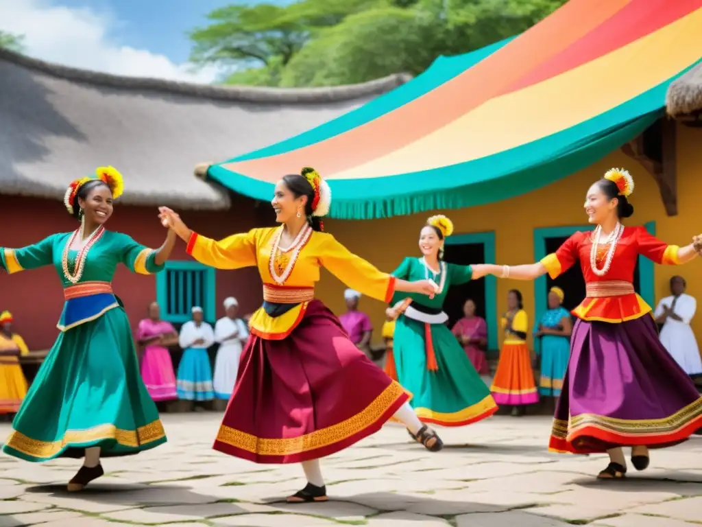 Un grupo diverso baila con pasión y alegría en un entorno cultural vibrante