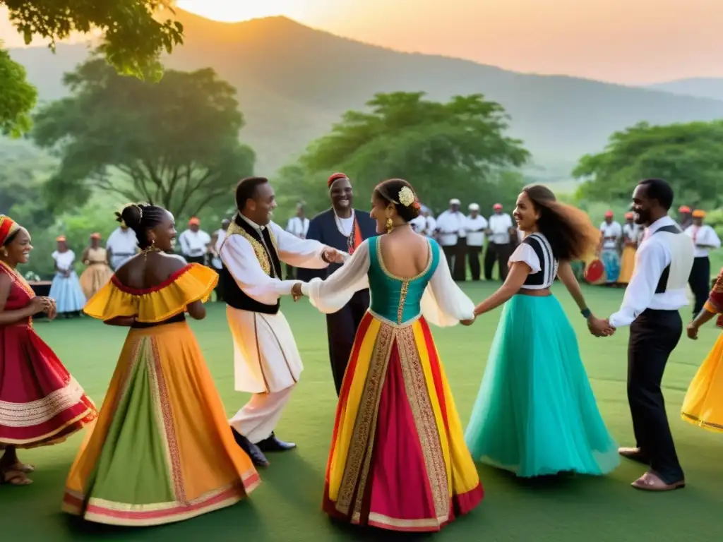 Grupo diverso baila con alegría en trajes tradicionales al ritmo de música en vivo en un escenario natural al atardecer