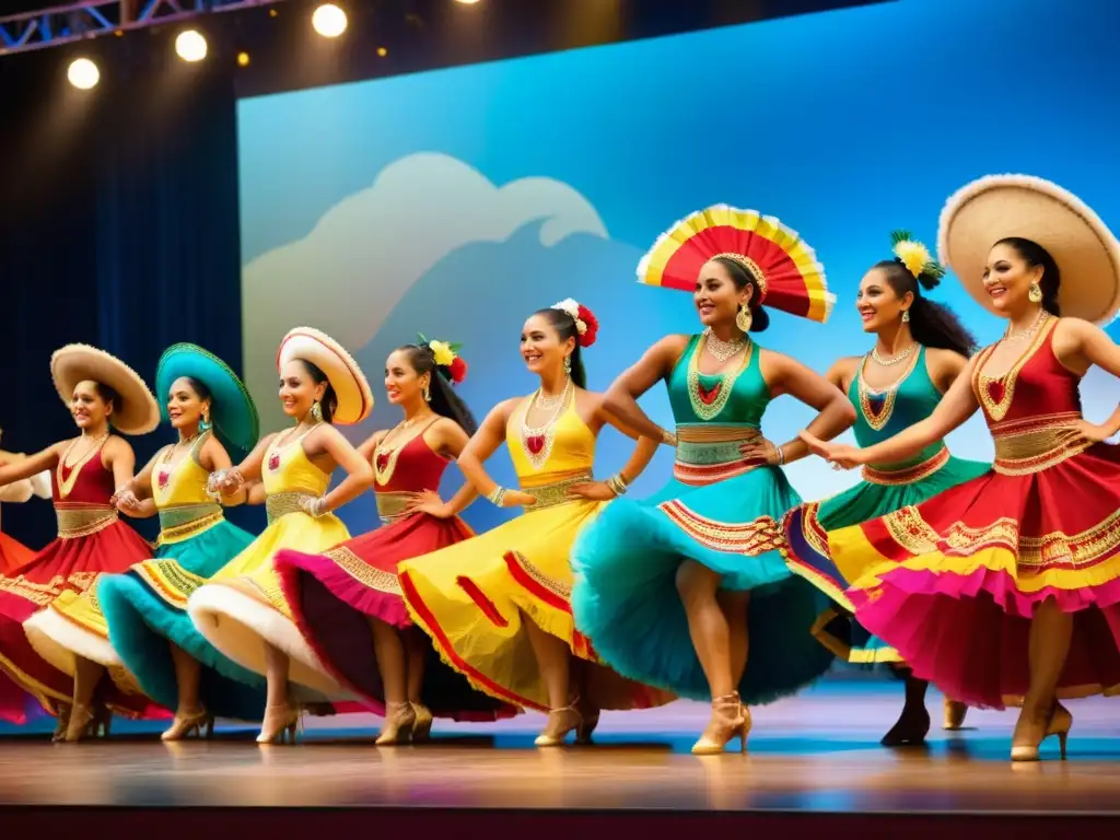 Grupo diverso de apasionados bailarines latinoamericanos en trajes tradicionales, actuando en un festival de danza