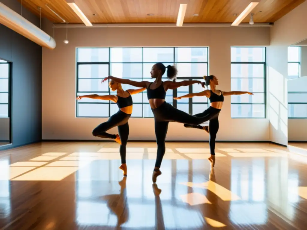 Un grupo diverso de apasionados bailarines se mueven con gracia en un estudio espacioso y soleado