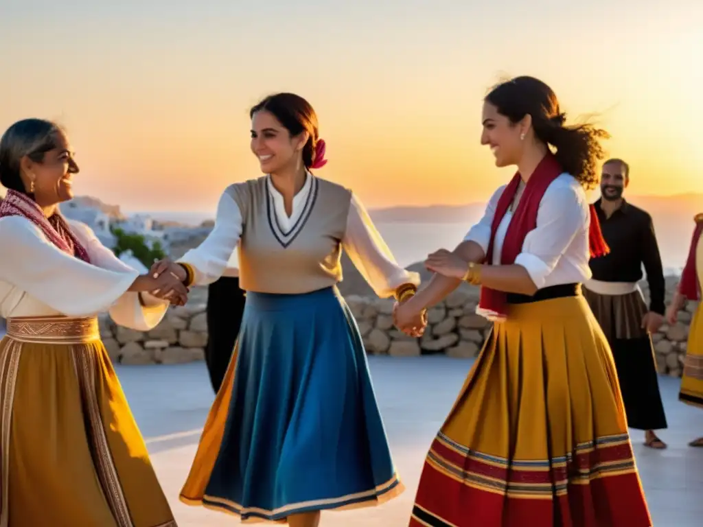 Grupo diverso bailando Sirtaki al atardecer, transmitiendo alegría y unión