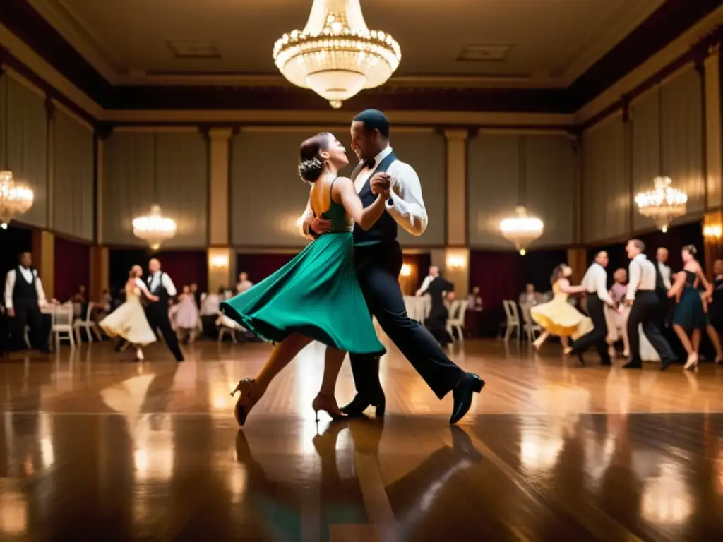 Un grupo diverso de bailarines disfruta del baile swing en un elegante salón histórico, evocando el significado cultural de las danzas tradicionales