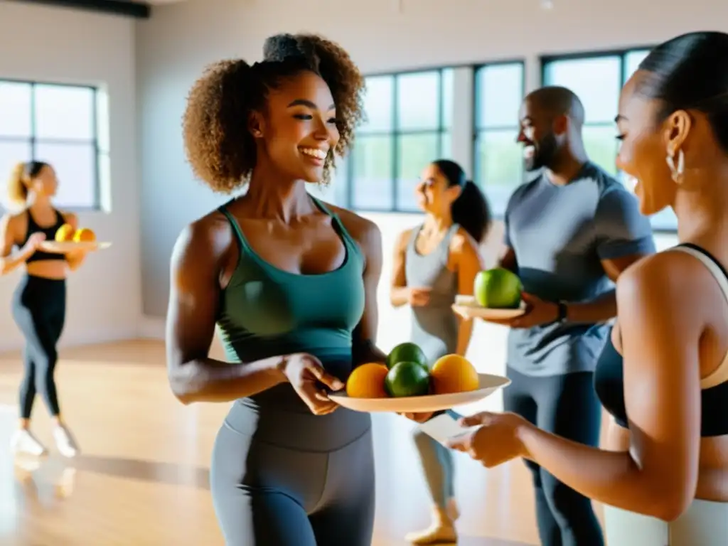 Grupo diverso de bailarines comparten beneficios de diferentes dietas para su arte en estudio de baile iluminado por luz natural