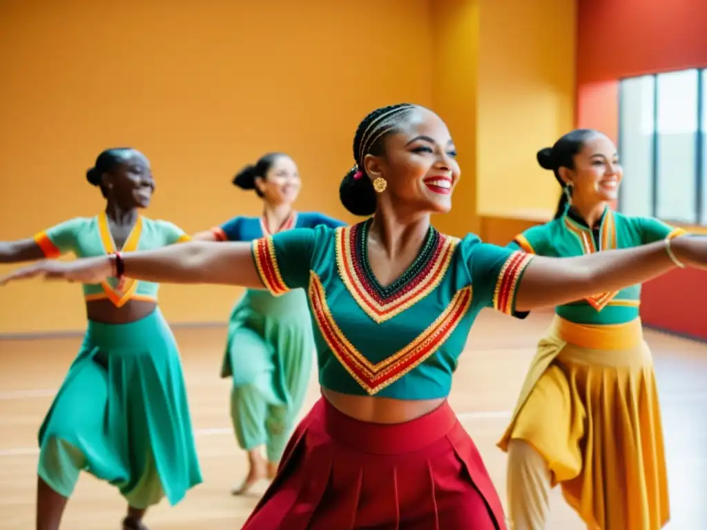 Grupo diverso de bailarines en clase magistral de danzas tradicionales en línea, expresando pasión y dedicación