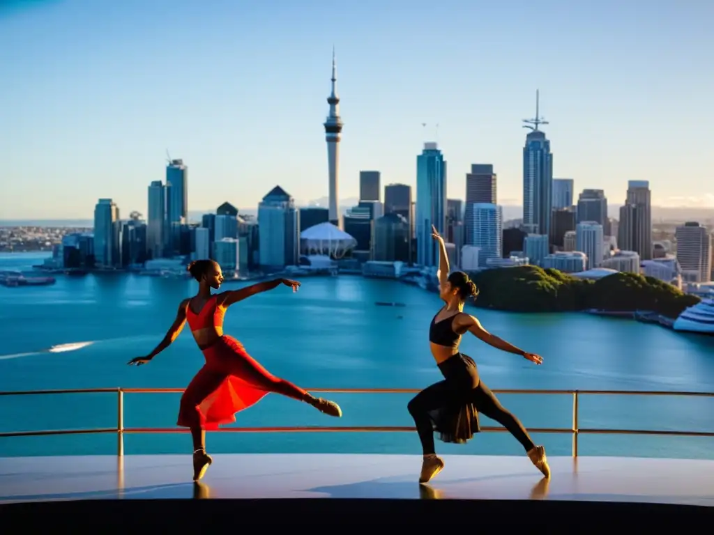 Grupo diverso de bailarines contemporáneos realizando una actuación apasionada en el Festival de Danza Contemporánea de Auckland, con el skyline de la ciudad de fondo