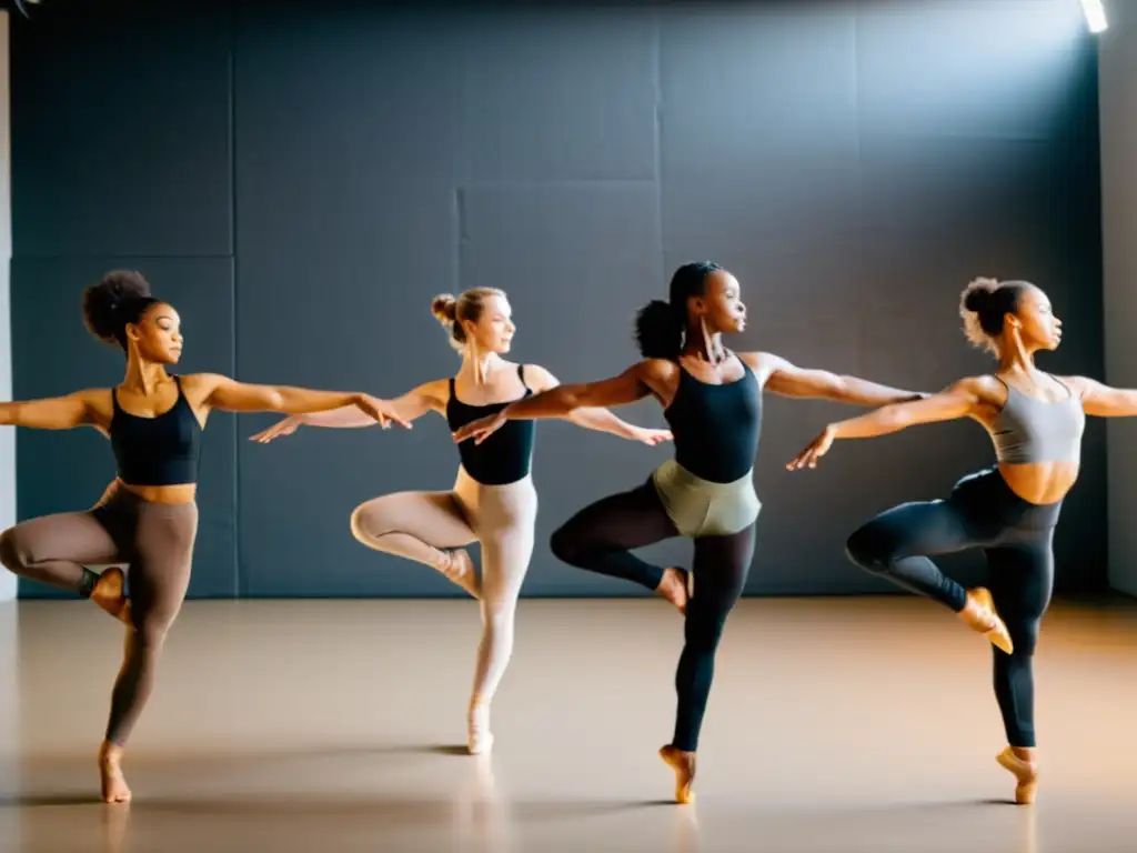 Grupo diverso de bailarines representa dietas (keto, vegana, paleo) en un estudio, mostrando beneficios de diferentes dietas para bailarines