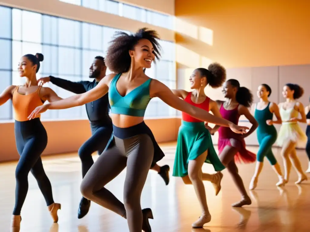 Un grupo diverso de bailarines de distintas edades y orígenes, vestidos con trajes de baile, se mueven con gracia y armonía en un estudio soleado