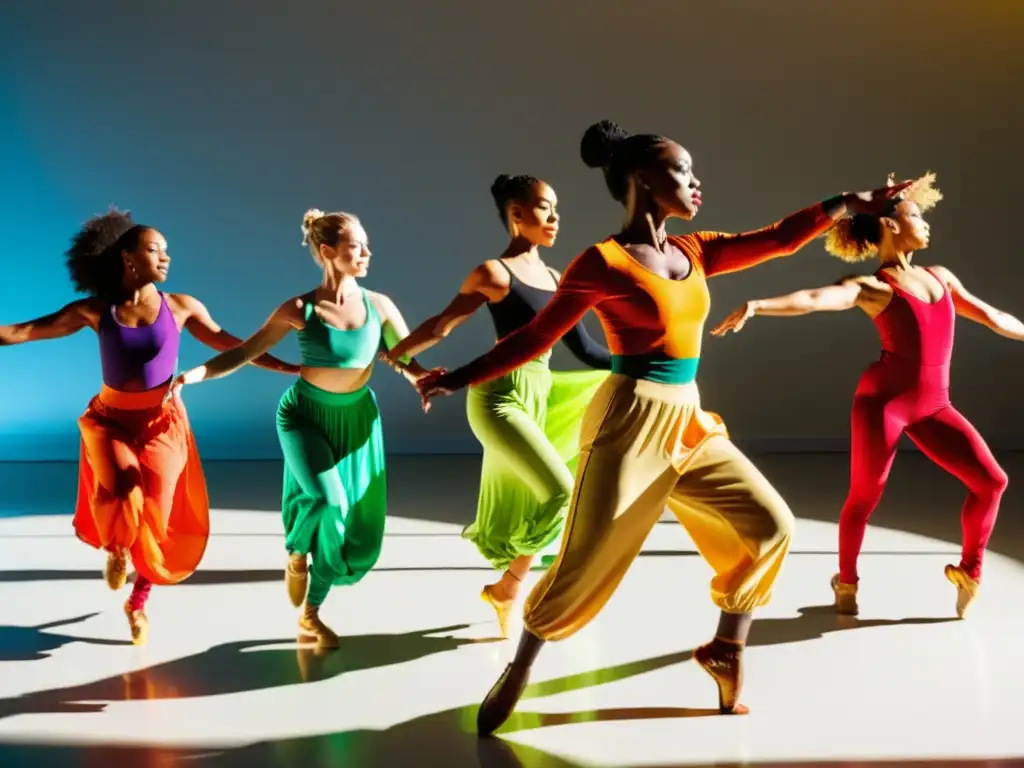 Grupo diverso de bailarines ejecuta una emocionante coreografía en un estudio soleado, implementando danza en cultura organizacional