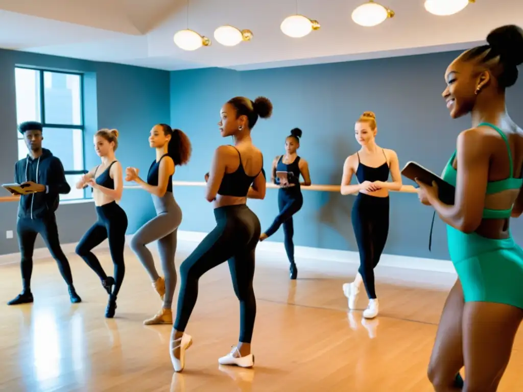 Un grupo diverso de bailarines practica distintos estilos en un estudio espacioso y luminoso, utilizando aplicaciones tecnológicas para mejorar su entrenamiento