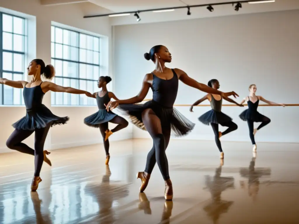 Grupo diverso de bailarines en estudio amplio y luminoso, expresando pasión y destreza en distintos estilos de danza