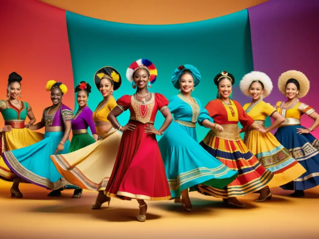 Un grupo diverso de bailarines expertos realiza danzas tradicionales de todo el mundo en un estudio vibrante y colorido, mostrando la riqueza y diversidad de las tradiciones de baile globales