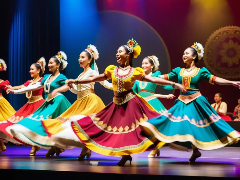 Grupo diverso de bailarines de todo el mundo en un espectáculo de danzas tradicionales con trajes coloridos y detallados, cautivando a la audiencia