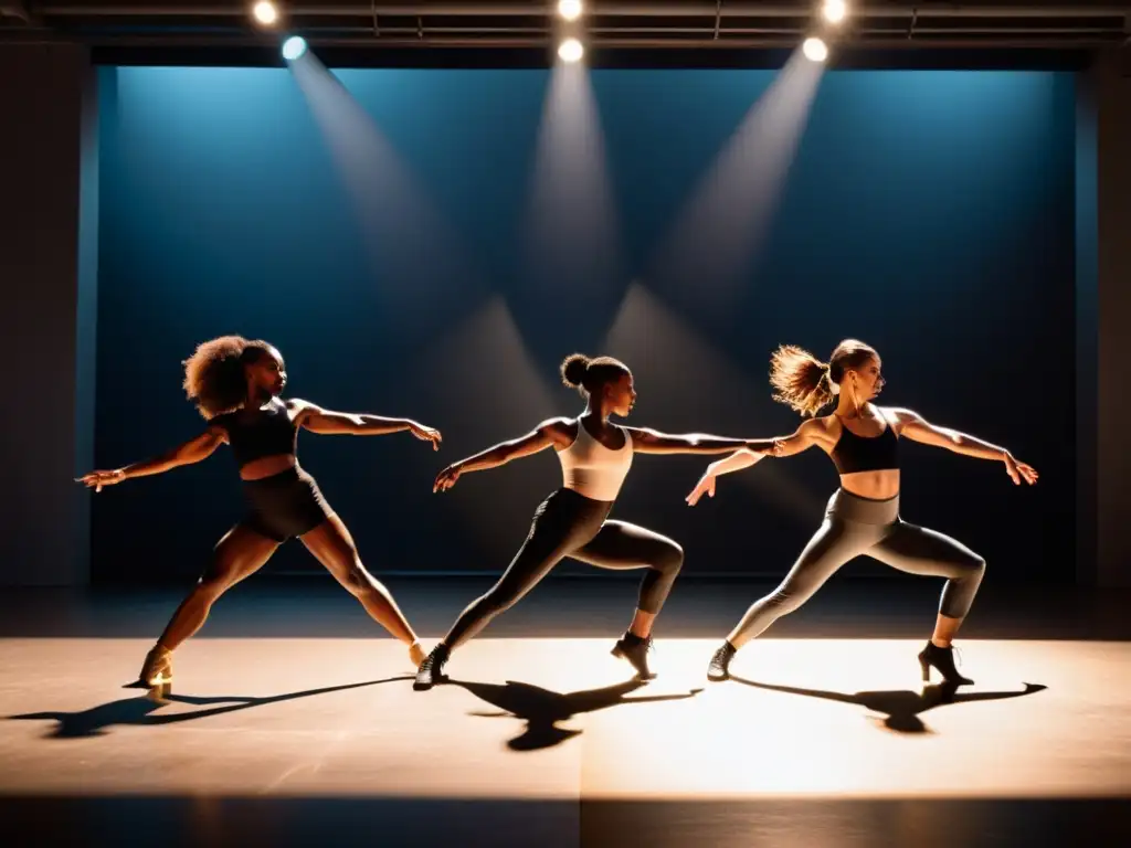 Grupo diverso de bailarines desafiando roles de género en una actuación de danza contemporánea, iluminados dramáticamente contra un fondo minimalista