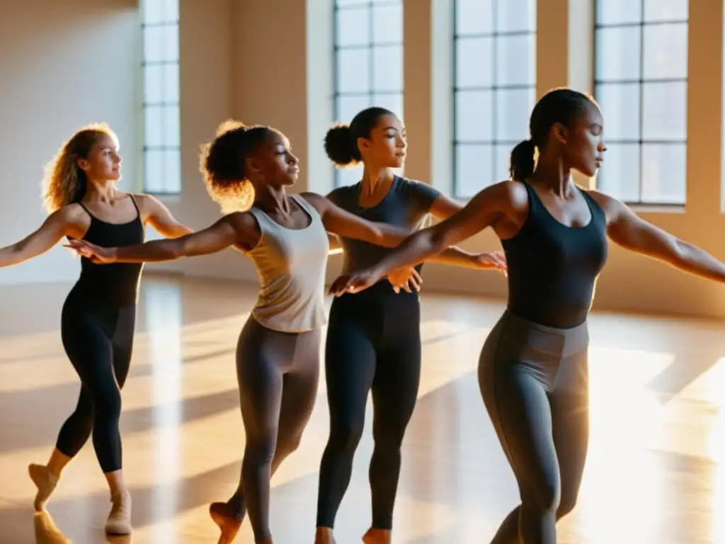 Un grupo diverso de bailarines practica una rutina de danza contemporánea, mostrando la importancia de apps educativas en danza