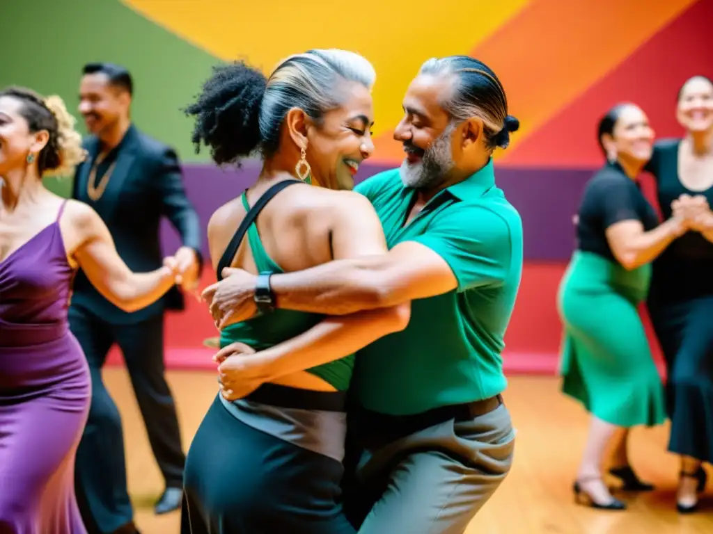 Grupo diverso de bailarines se abrazan y expresan en un taller Tango Queer inclusión diversidad, repleto de pasión y unidad