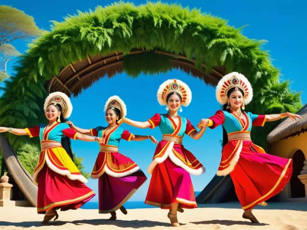 Un grupo diverso de bailarines tradicionales de diferentes culturas, con trajes vibrantes, realizando una danza sincronizada en un entorno natural