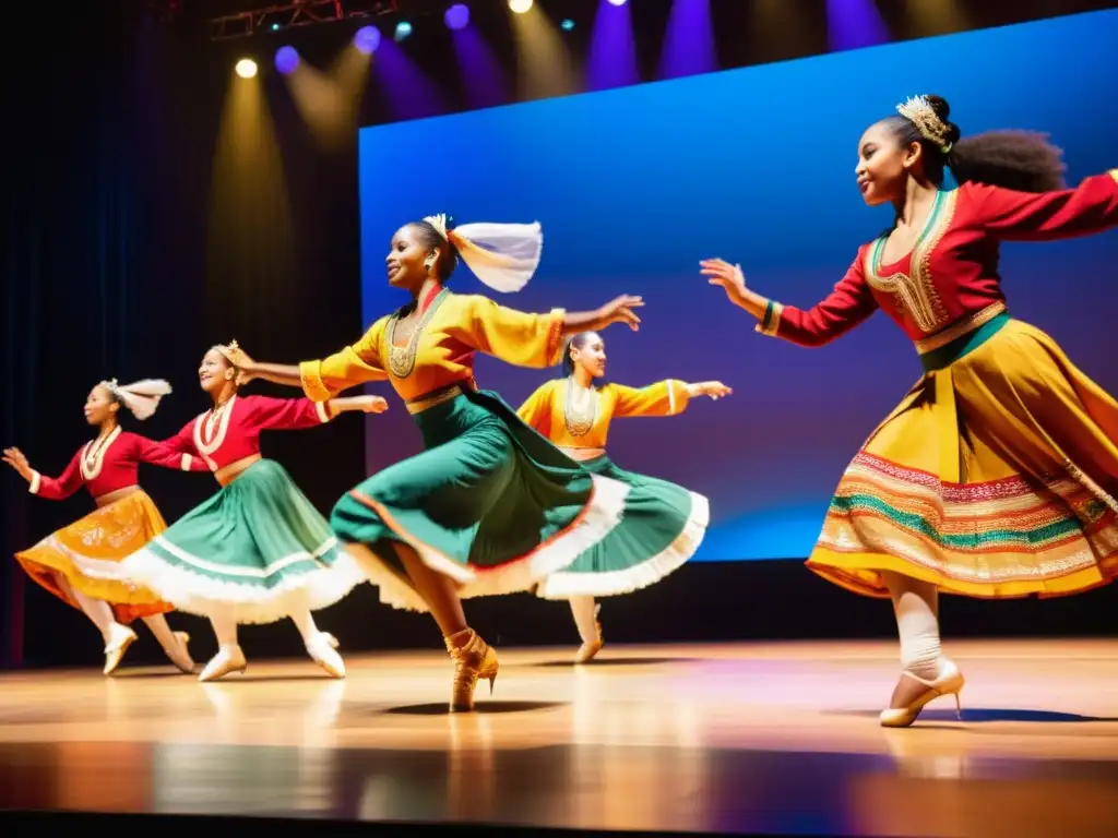 Grupo diverso de bailarines en trajes tradicionales, interpretando la danza para conectar culturas en un escenario vibrante