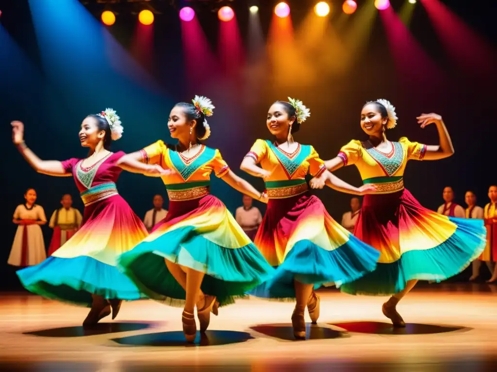 Grupo diverso de bailarines en trajes tradicionales, realizando una danza sincronizada en un escenario con luces vibrantes