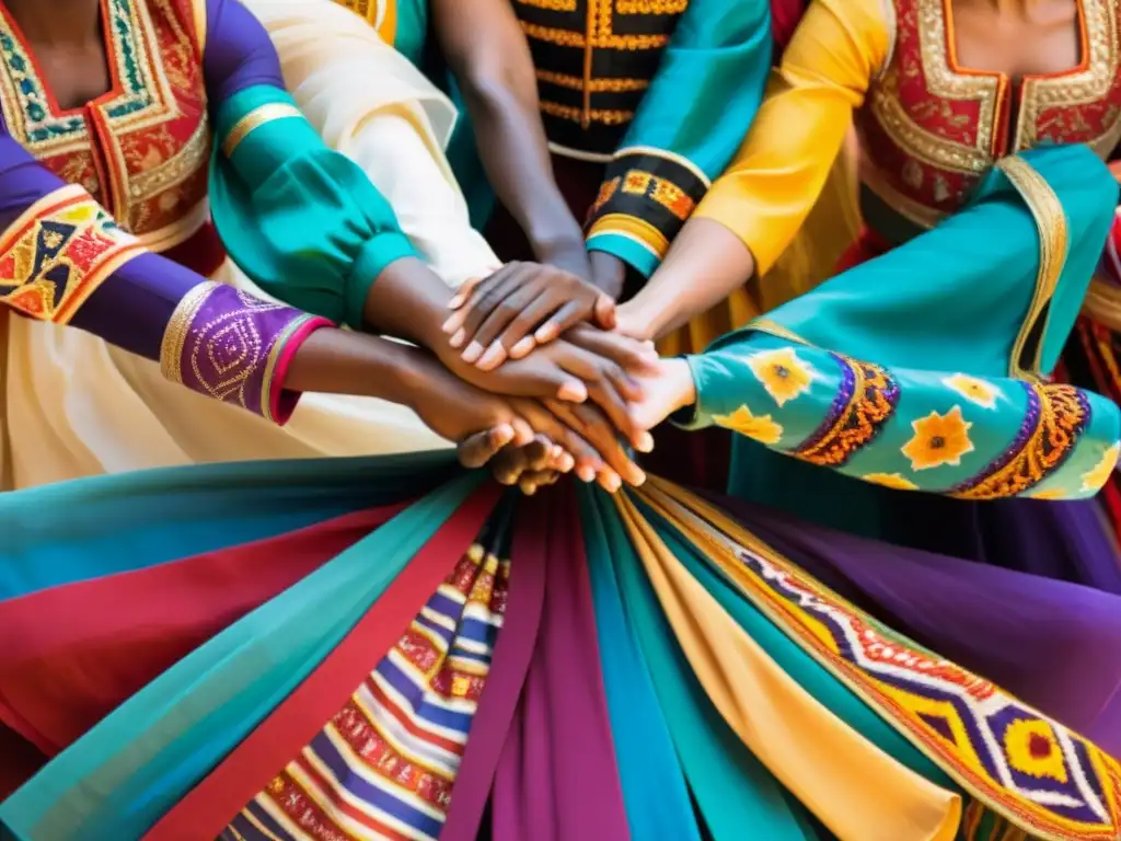 Grupo diverso de bailarines en trajes tradicionales danzando juntos, mostrando niveles de aprendizaje en danza y la riqueza cultural global