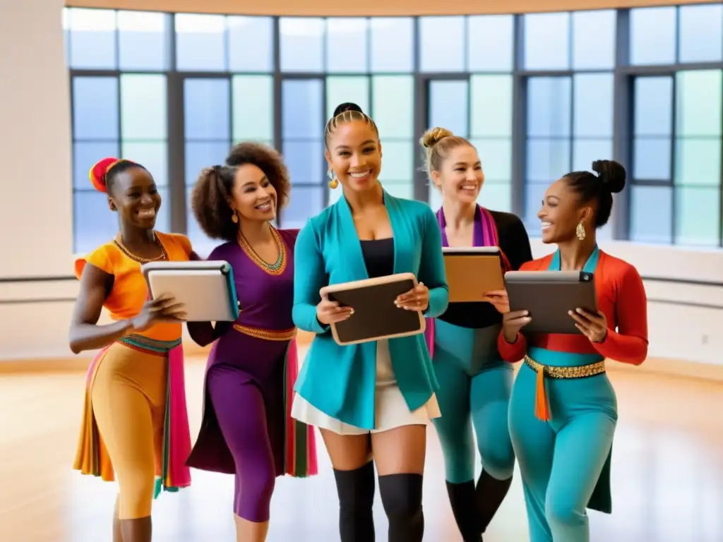 Grupo diverso de bailarines en trajes tradicionales del mundo, usando ebooks interactivos de danzas en un estudio de baile moderno y colorido