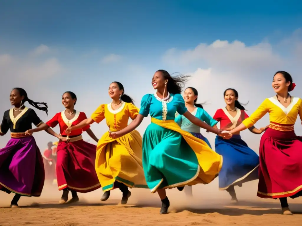 Grupo diverso de bailarines en trajes tradicionales danzando al aire libre, capturando la importancia cultural de la danza