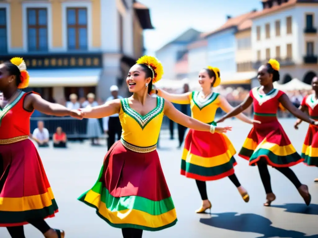 Grupo diverso de bailarines en trajes tradicionales danzando en la plaza de la ciudad