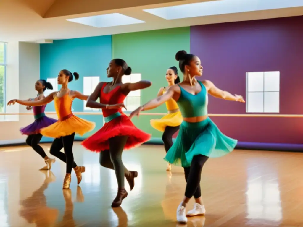 Un grupo diverso ejecuta un baile tradicional con gracia en un estudio luminoso