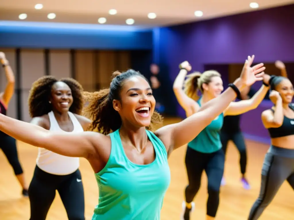 Grupo diverso disfruta de los beneficios mentales de la Zumba, sonriendo y bailando en una clase llena de energía y alegría