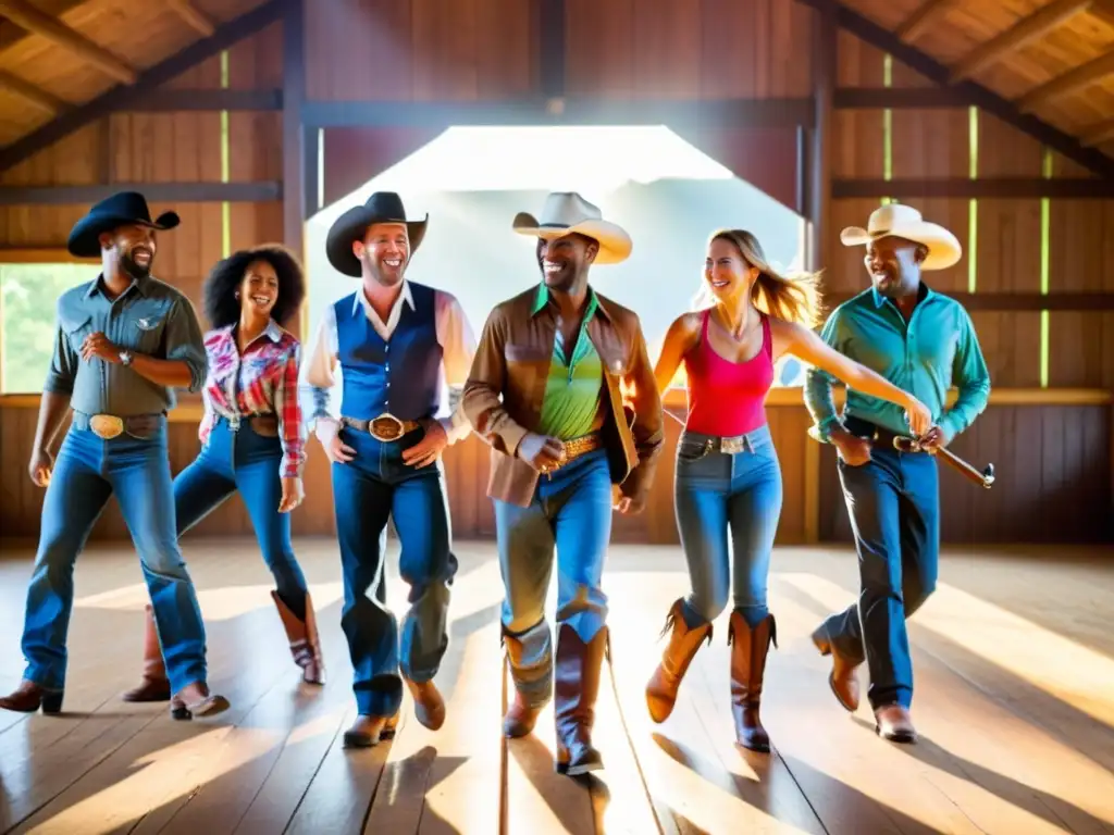 Grupo diverso disfruta de los beneficios de la salud mental al bailar en un granero rústico con energía y camaradería