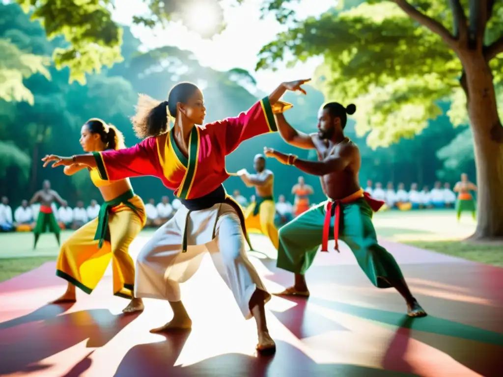 Un grupo diverso practica capoeira al aire libre con movimientos intensos y expresiones enérgicas, vistiendo coloridos trajes tradicionales