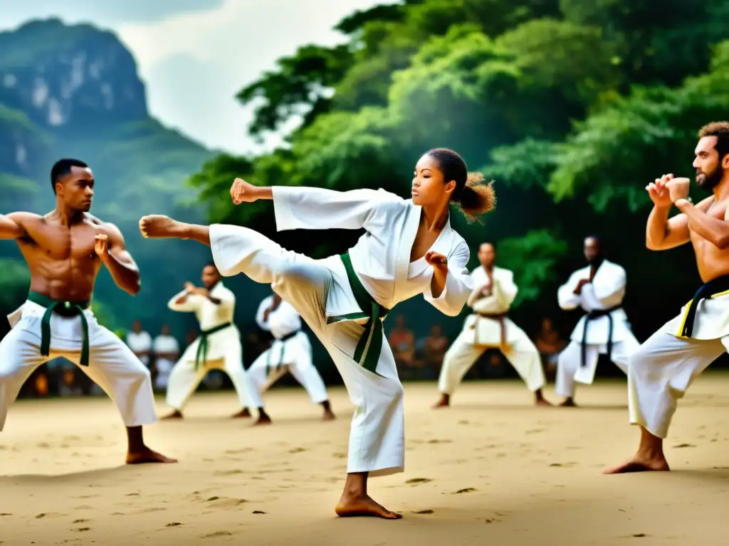 Un grupo diverso practica Capoeira al aire libre, mostrando movimientos fluidos y dinámicos