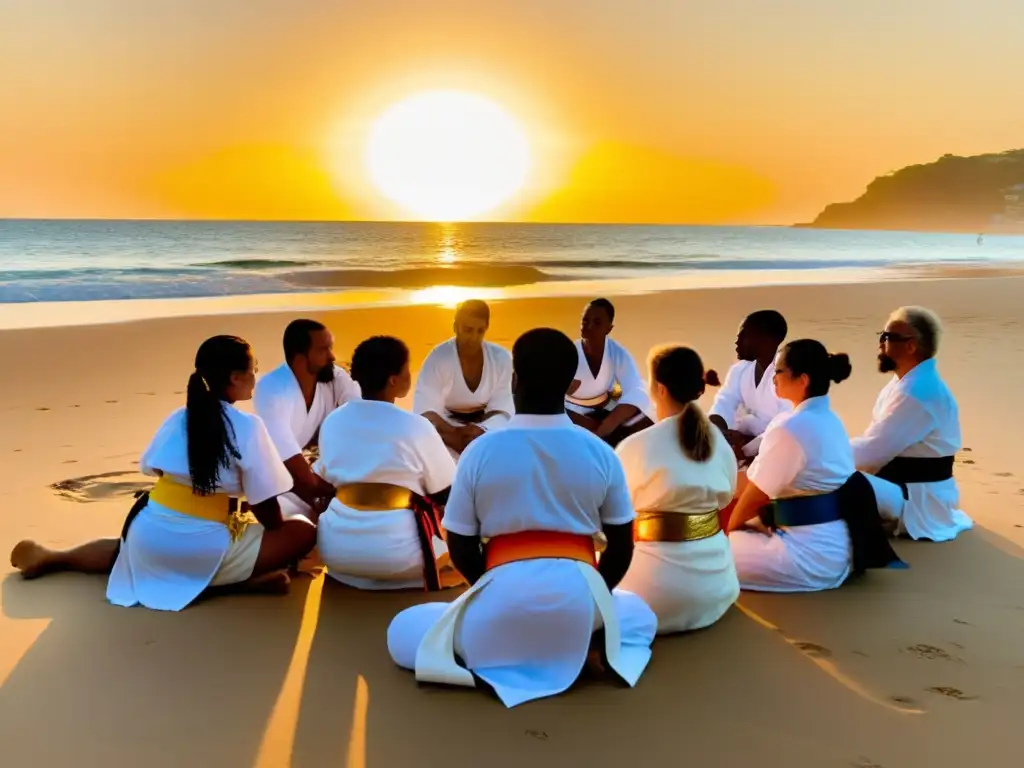 Un grupo diverso practica capoeira al atardecer en la playa