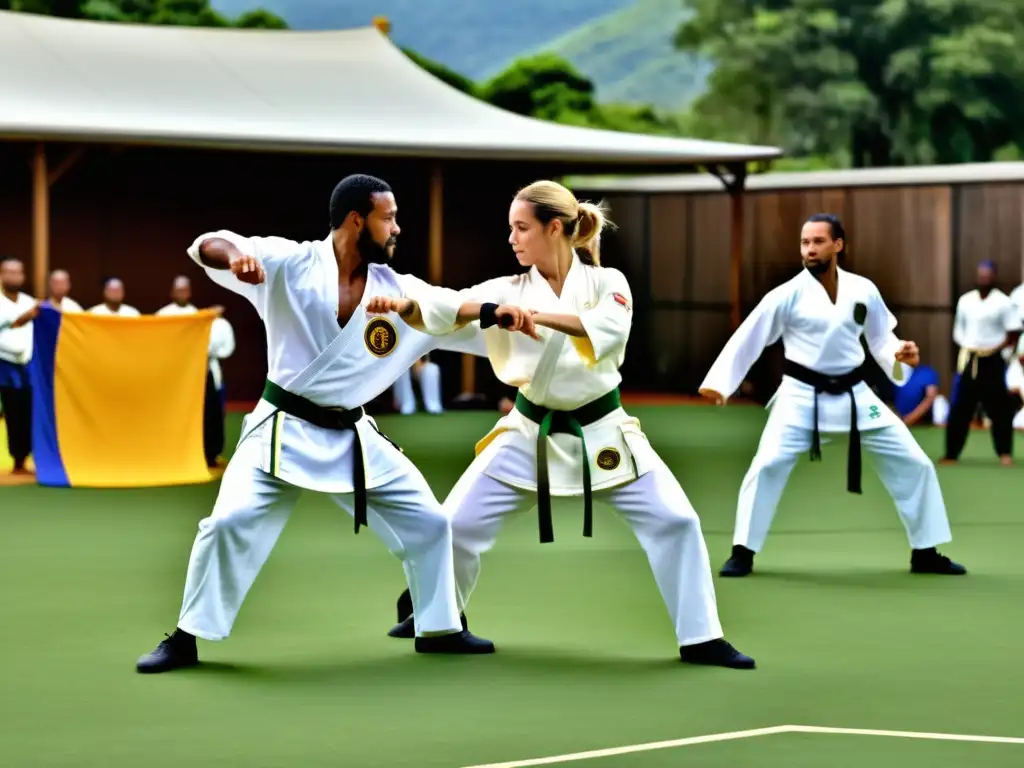 Un grupo diverso practica capoeira con energía y pasión en un roda al aire libre