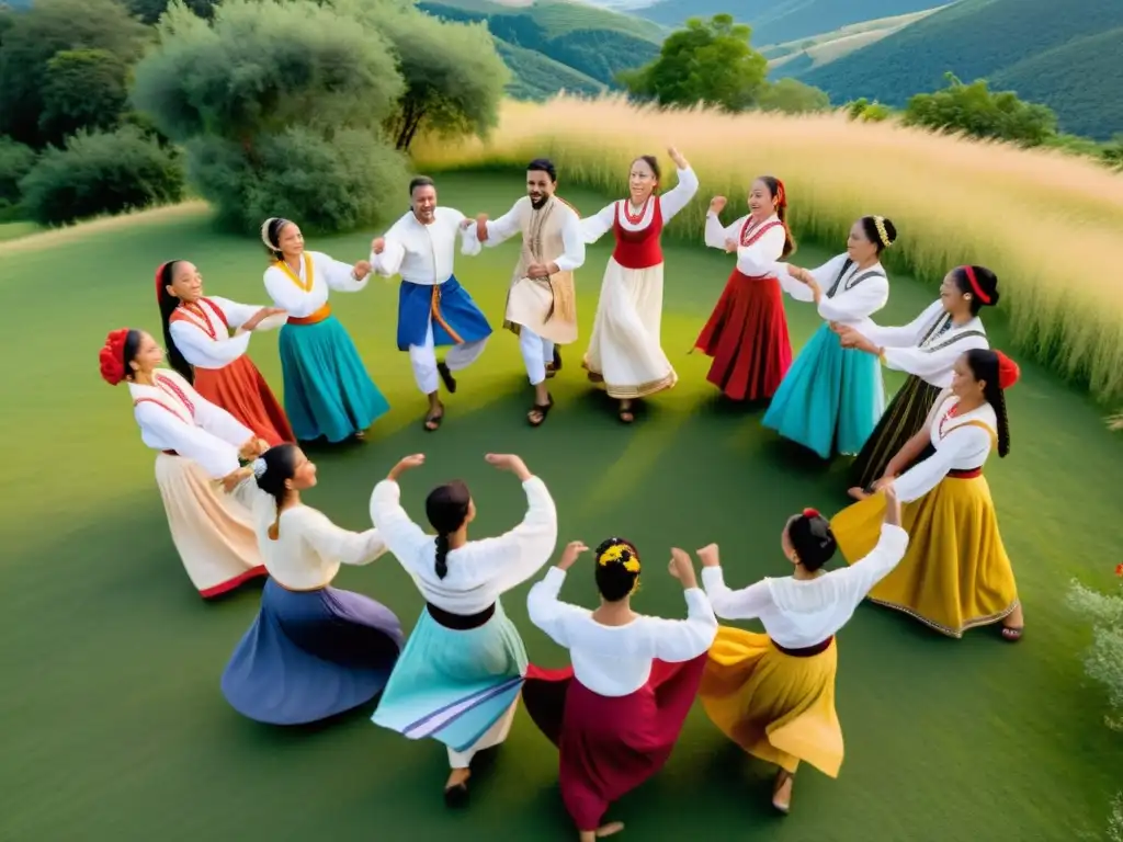 Grupo diverso bailando en círculo al aire libre, celebrando su cultura y conexiones sociales