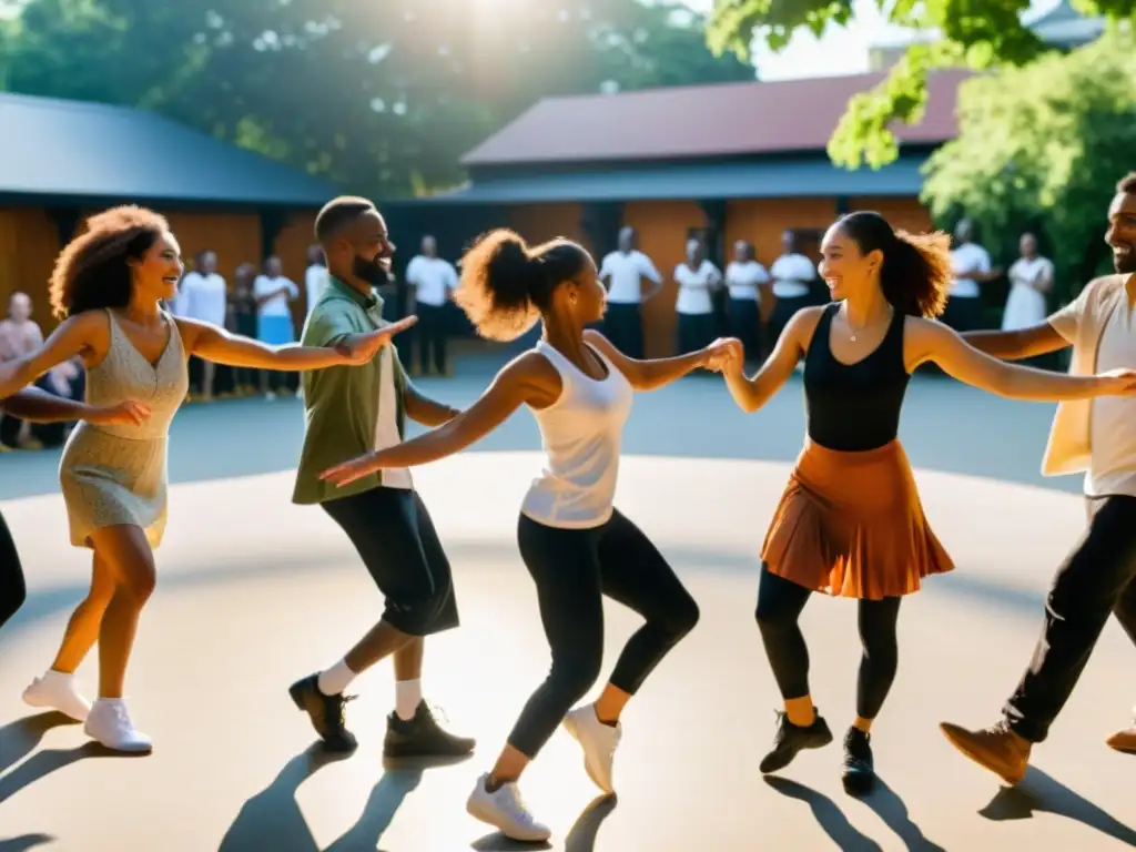 Grupo diverso bailando en círculo al aire libre, expresando alegría y conexión