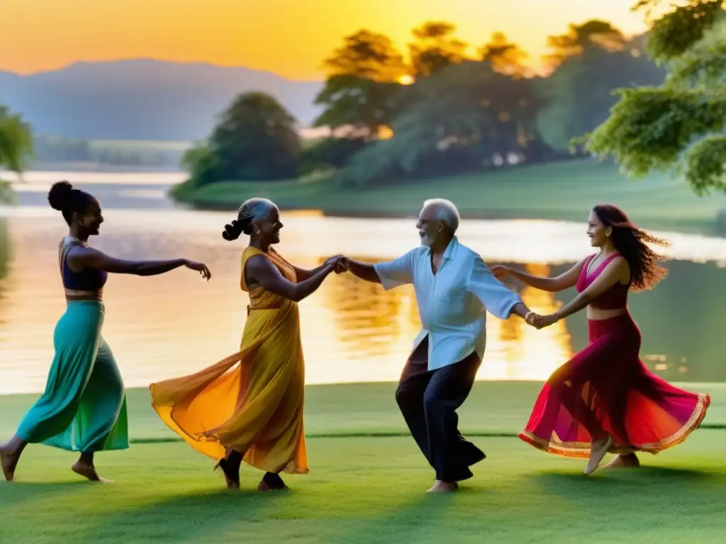 Grupo diverso bailando en círculo en un campo al atardecer