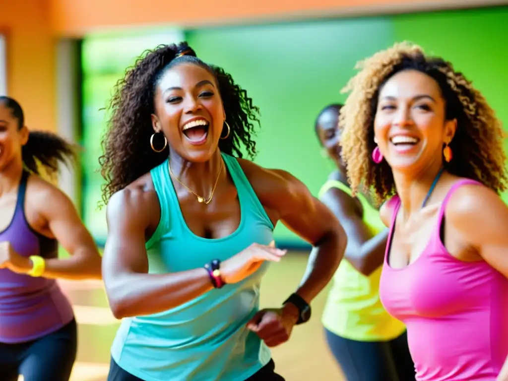 Grupo diverso disfruta de clase de Zumba, expresando vitalidad y alegría