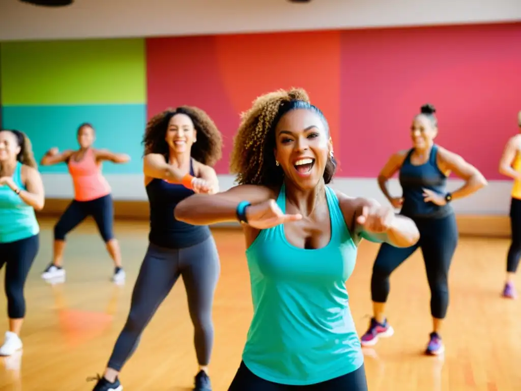 Grupo diverso disfruta de clase de Zumba, con energía y coloridos atuendos