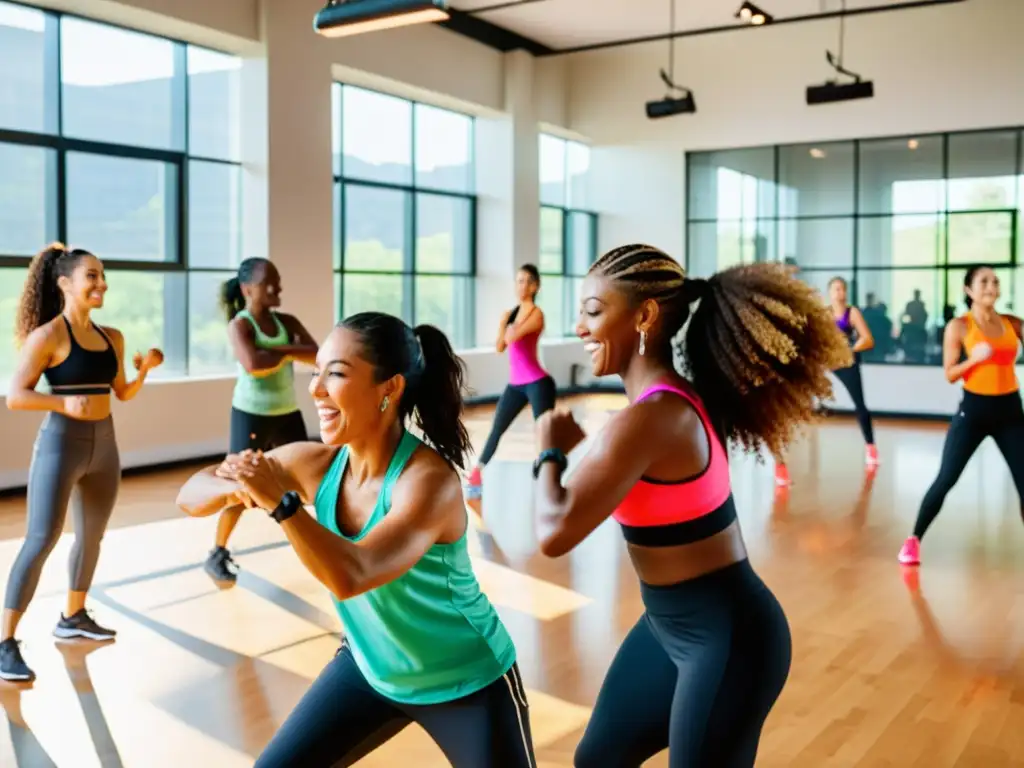 Grupo diverso disfruta clase de Zumba, expresando alegría y determinación