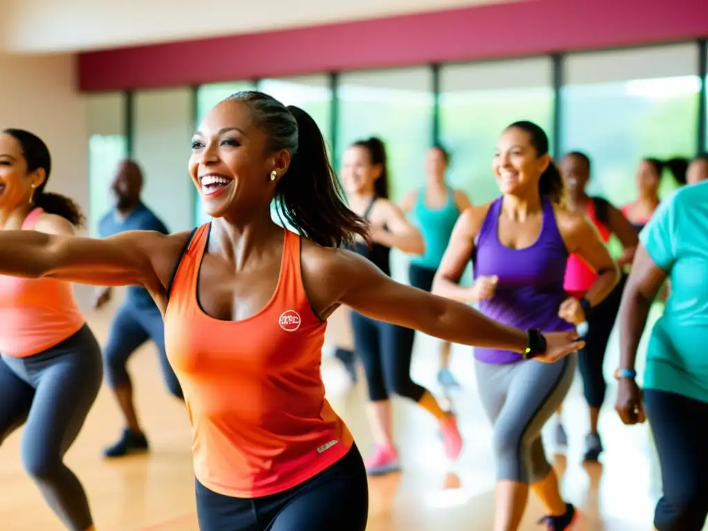 Grupo diverso disfruta en clase de Zumba, reflejando alegría y energía