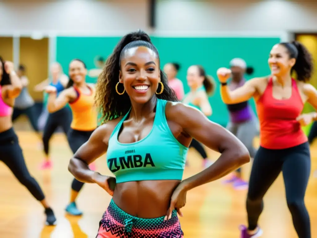 Grupo diverso disfruta de clase de Zumba, mostrando beneficios de Zumba para el corazón con energía y alegría contagiosa